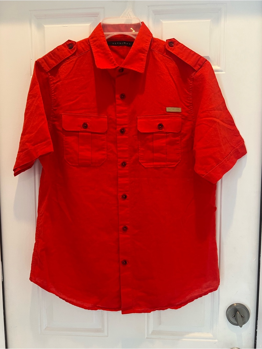 Sean John Red Shirt Mens Size L Two Pocket Button Short Sleeve Linen/Cotton #876